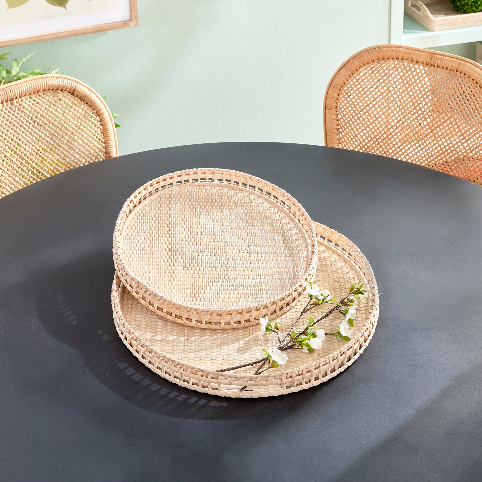 Crafted from woven rattan and coated with a fresh whitewash finish, these coastal-inspired trays add a touch of charm to any space. Use them on your coffee table or ottoman as a stylish base for creating beautiful vignettes. Enhance your home decor with Barri Coastal Decorative Trays Set of 2.