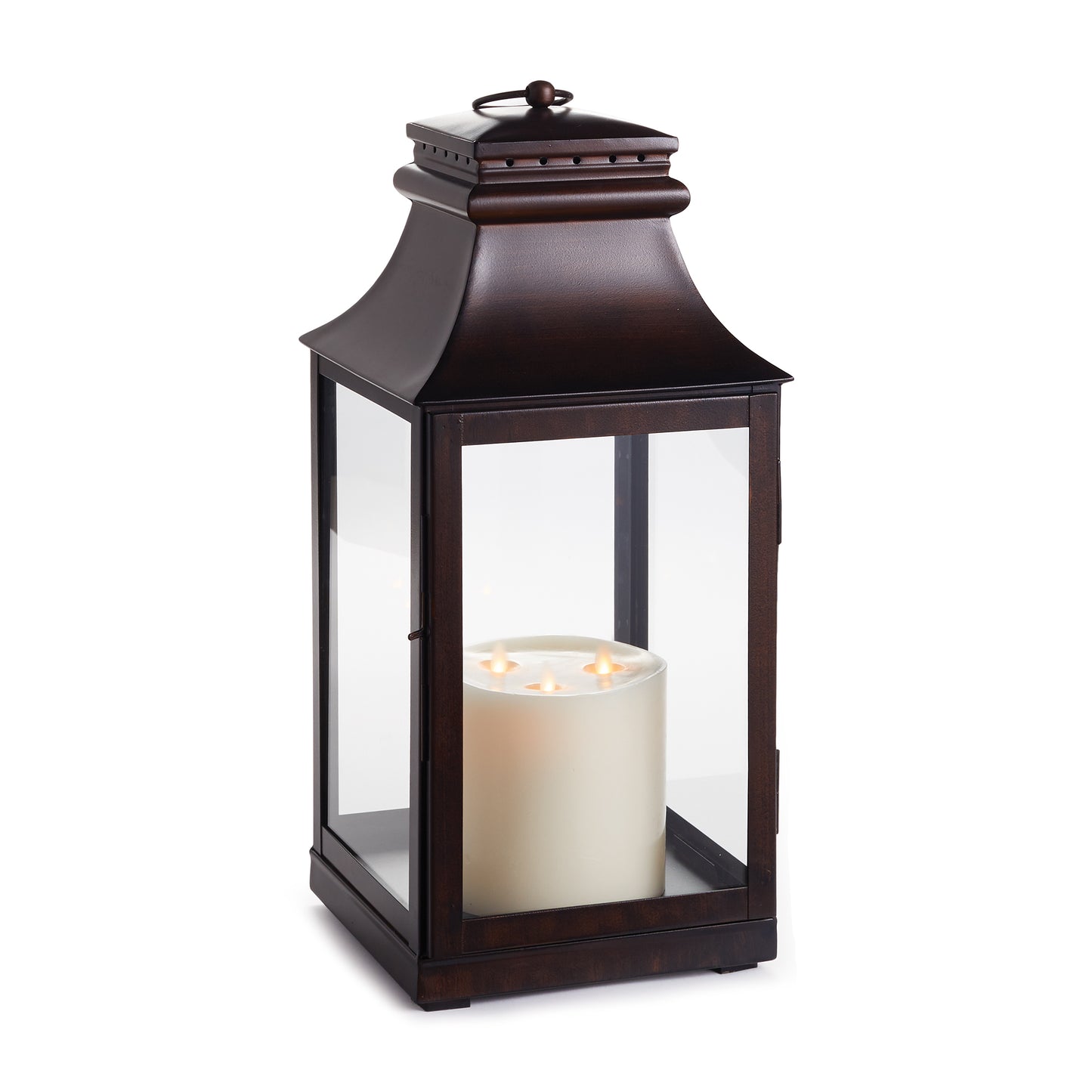 In a warm finish of washed bronze and full-paned glass walls, the Colby is a beautiful design. Extra wide and full-paned sides to hold multiple candles and fully showcase the glow inside.