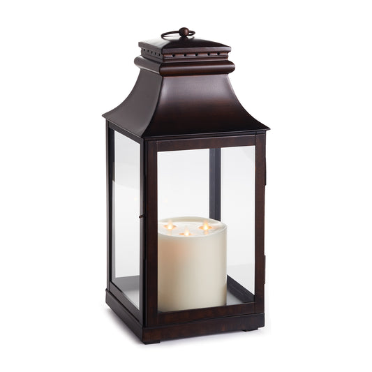 In a warm finish of washed bronze and full-paned glass walls, the Colby is a beautiful design. Extra wide and full-paned sides to hold multiple candles and fully showcase the glow inside.