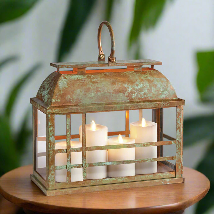 Small Patina Lantern Candle Holder with Vented Design