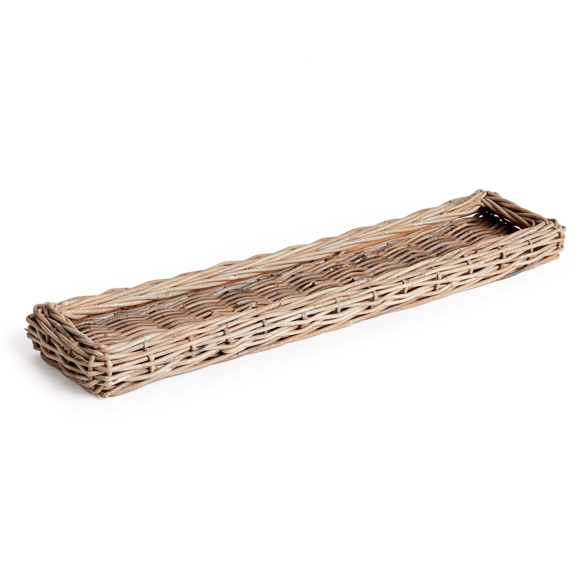 Made of a large gauge rattan, this extra long tray makes a beautiful centerpiece. Fill it with orbs, faux flower stems or leave it just as is for a clean look.