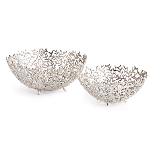 Light flowing vines make up the composition of this pair of silver decorative bowls. Fill with natural green orbs, or display as is for a clean, sophisticated look.