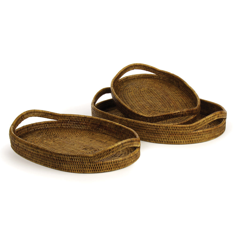 Brown Rattan Oval Serving Trays, Set Of 3