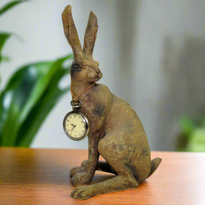 Easter bunny sculpture with pocket watch shown in home setting – perfect for entryway or shelf decor

