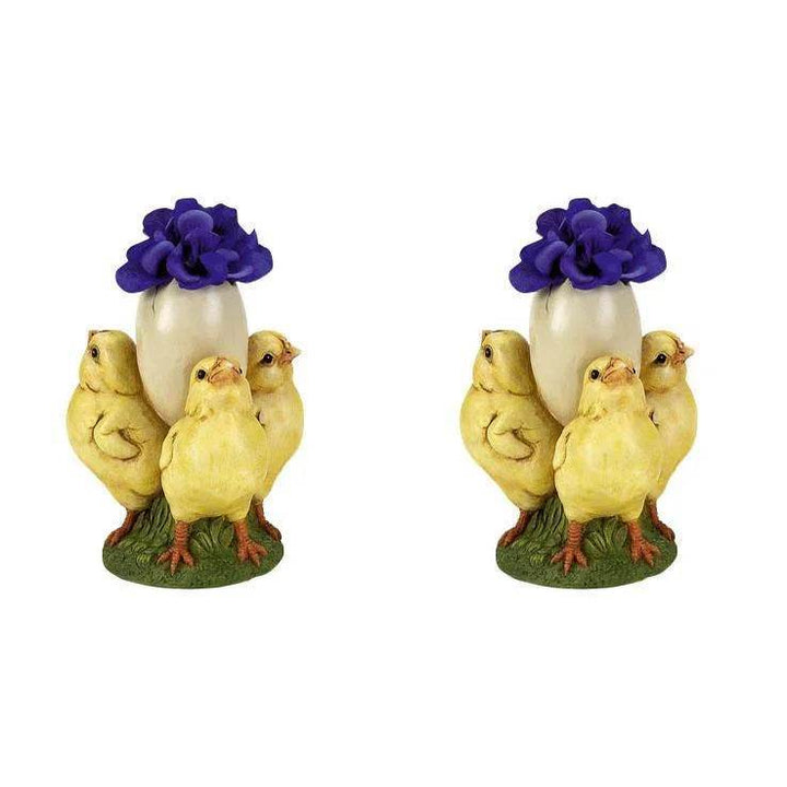 Set of 2 Easter chick and egg tabletop decorations with artificial purple flower – molded resin, perfect for spring centerpieces or seasonal accents

