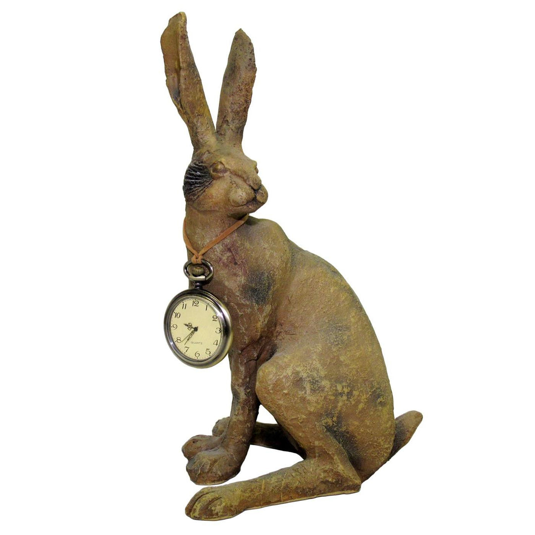 Vintage rabbit sculpture with tall ears and hanging pocket watch – rustic Easter or spring decorative statue


