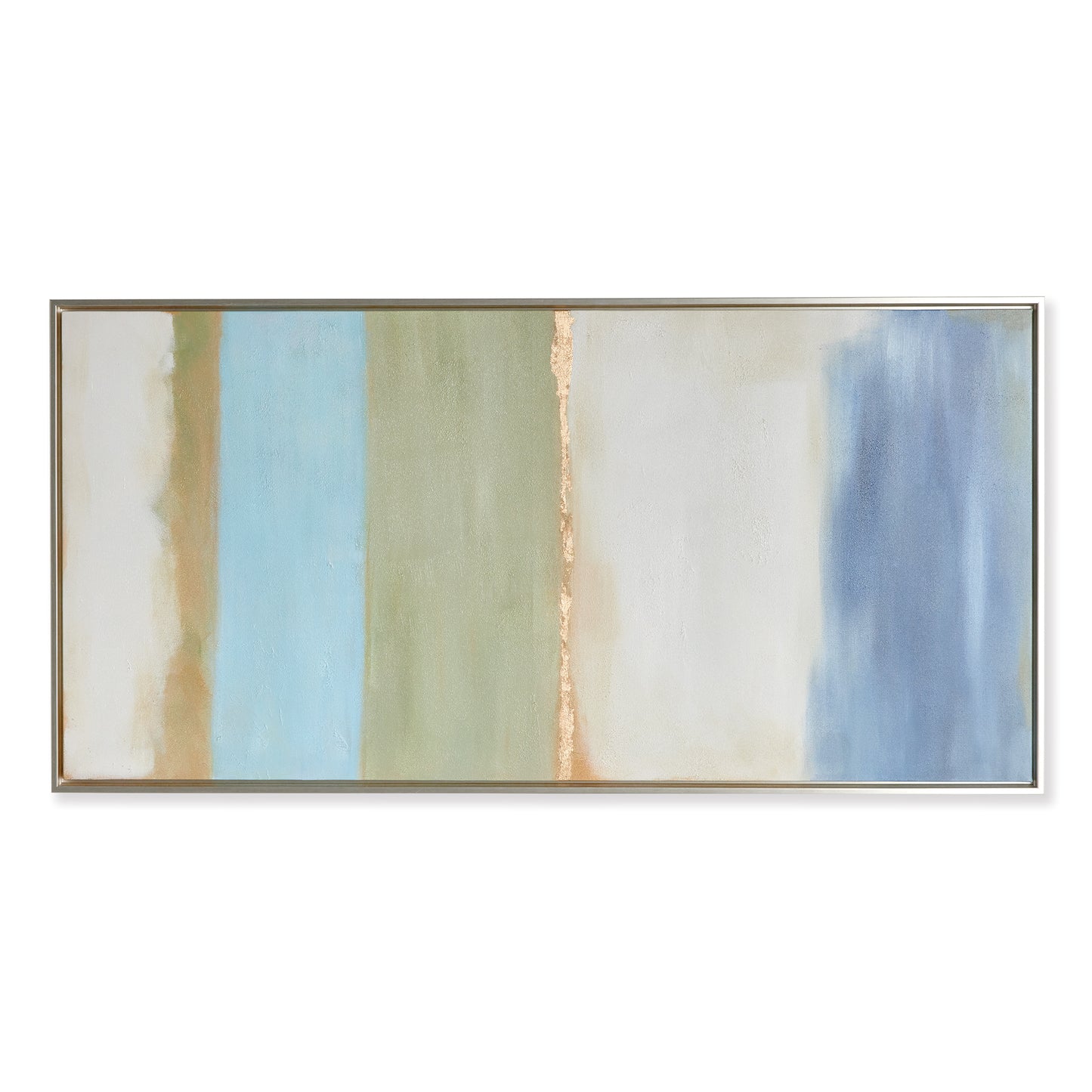 Experience the serene, coastal tones within this modern canvas. Drawing inspiration from Rothko's iconic style, this canvas is a study in color and balance. Each highlight is meticulously hand-embellished with touches of paint, creating a textured and dimensional piece. Complete with a sleek silver frame, this canvas is a stunning addition to any space.