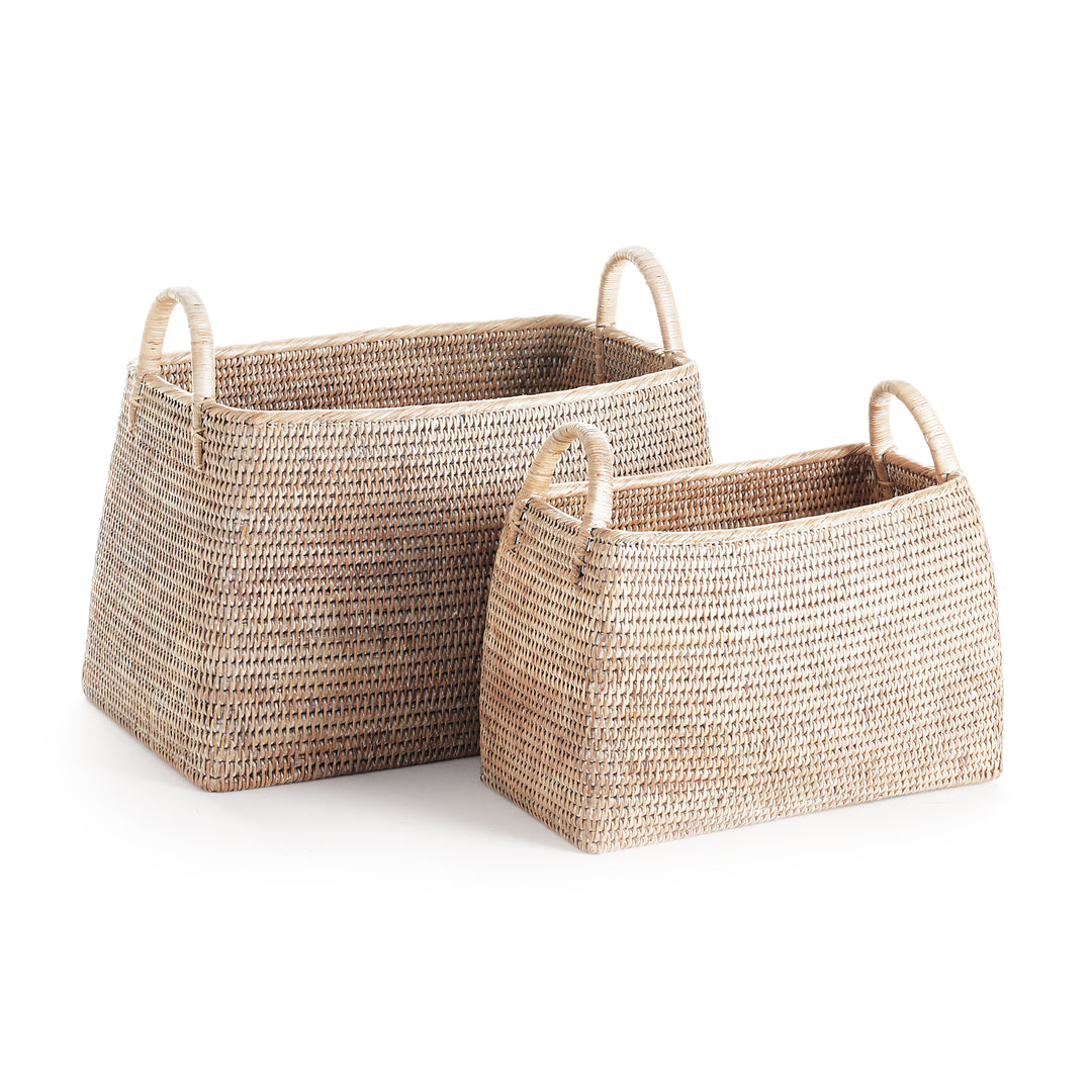 Burma Whitewash Rattan Narrow Magazine Baskets, Set Of 2