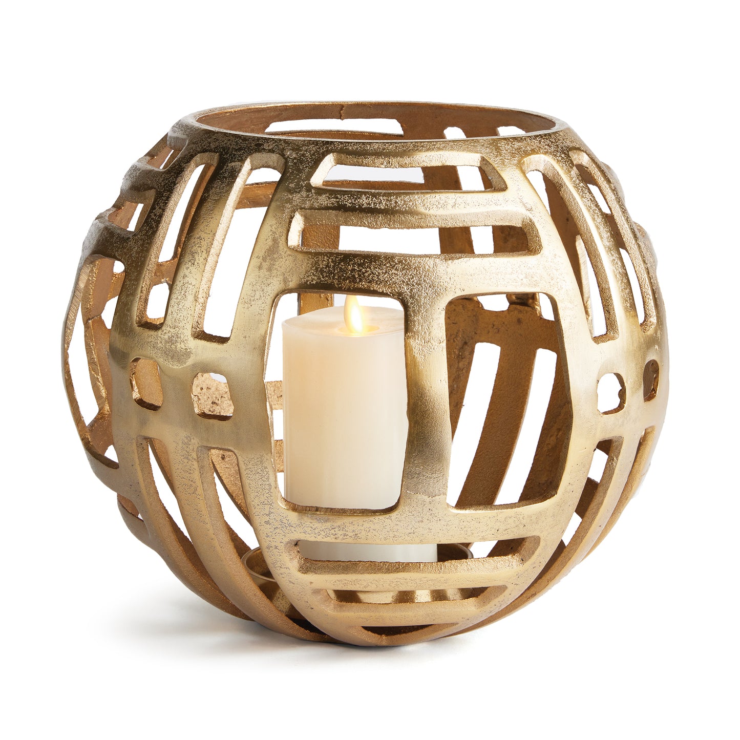 Made of sturdy cast aluminum and designed with alternating horizontal and vertical linear cut outs, this rounded hurricane frames your candle in modern style. A fresh accent for console or side table.