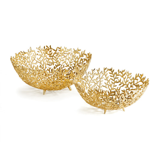 Light flowing vines make up the composition of this pair of metal decorative bowls. Fill with natural green orbs, or display as is for a clean, sophisticated look.