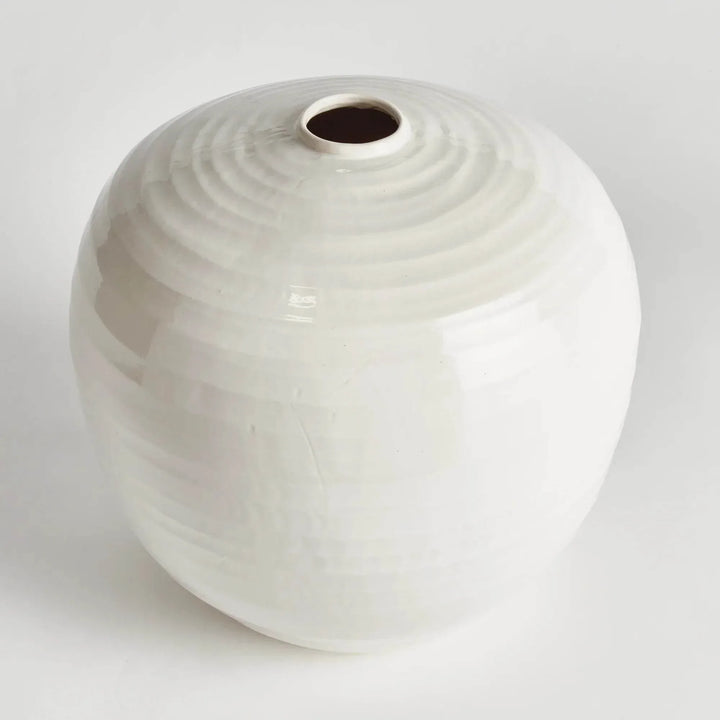 Large oatmeal stoneware vase seen from above at an angle, showing the narrow mouth and glazed curved sides | Modern Organic