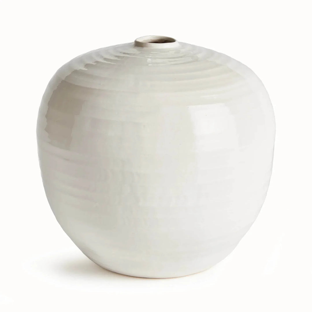 Large oatmeal stoneware vase with a full rounded body and narrow opening, pictured against a white backdrop | Modern Organic