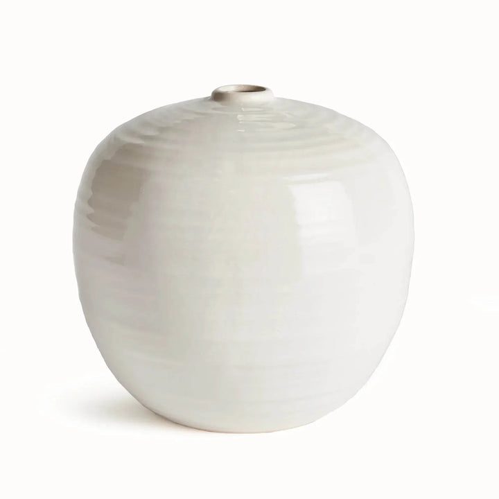 Small oatmeal stoneware vase with a rounded body and narrow mouth, shown alone against a white background | Modern Organic