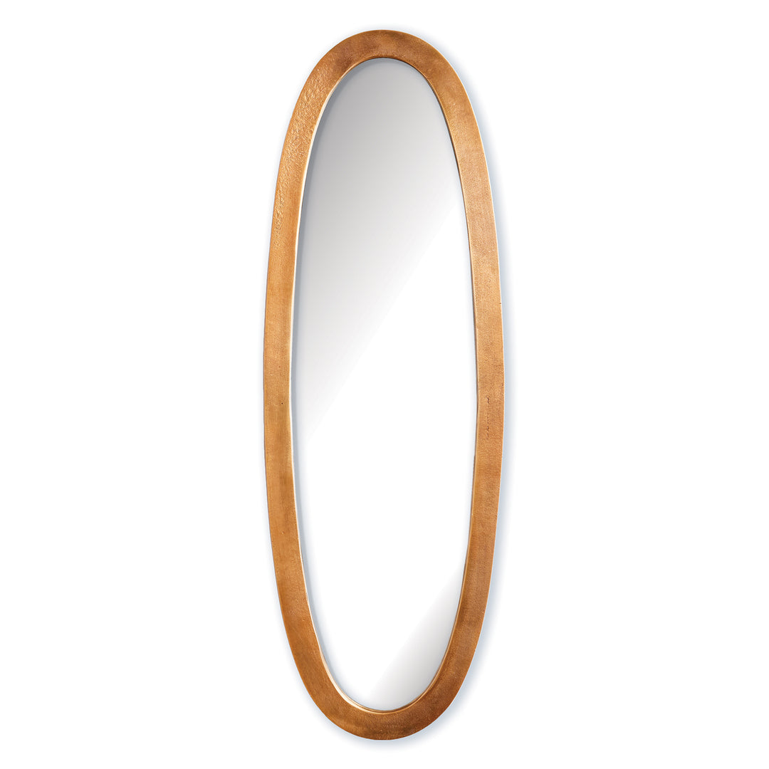 Ellery antique brass oval wall mirror with a slim oval textured gold frame and elongated rounded silhouette. Transitional