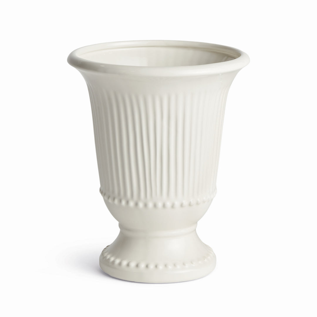 White clay pedestal vase with vertical fluting and beaded trim, shown unfilled against a plain white background | Traditional