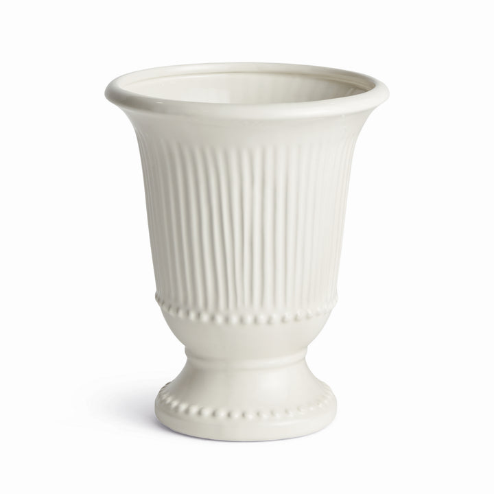 White clay pedestal vase with vertical fluting and beaded trim, shown unfilled against a plain white background | Traditional