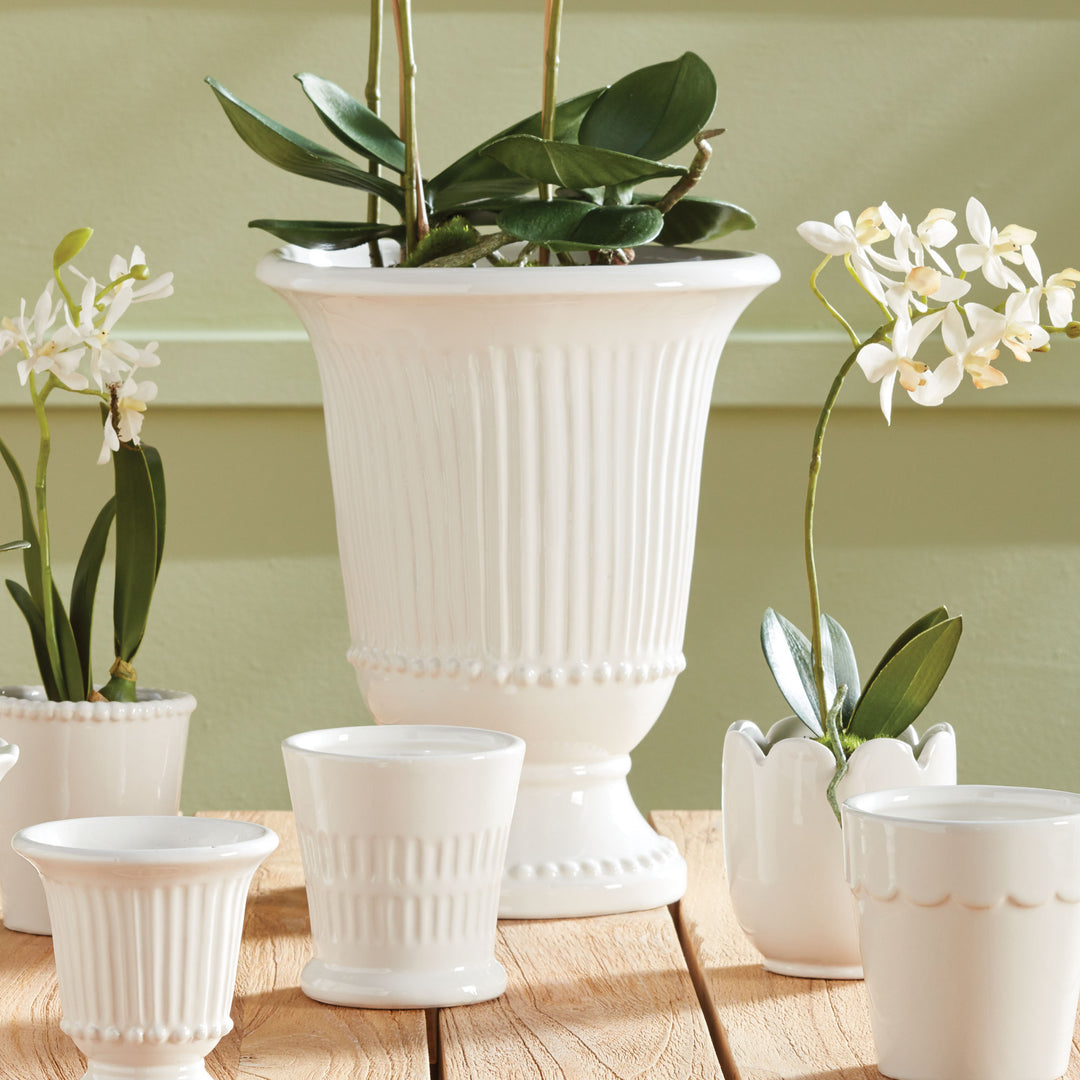 White fluted pedestal vase styled with white orchids among coordinating white vessels on a wide wooden table | Traditional