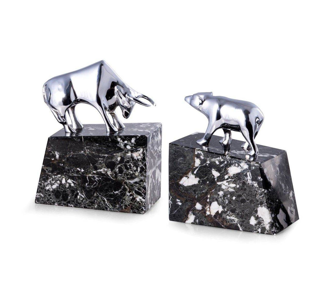 Black marble bull and bear bookends with silver plated accents, shown on white background, 6.5 inches high – Executive
