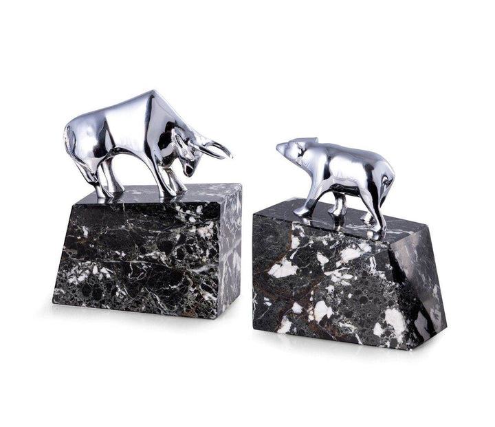 Black marble bull and bear bookends with silver plated accents, shown on white background, 6.5 inches high – Executive