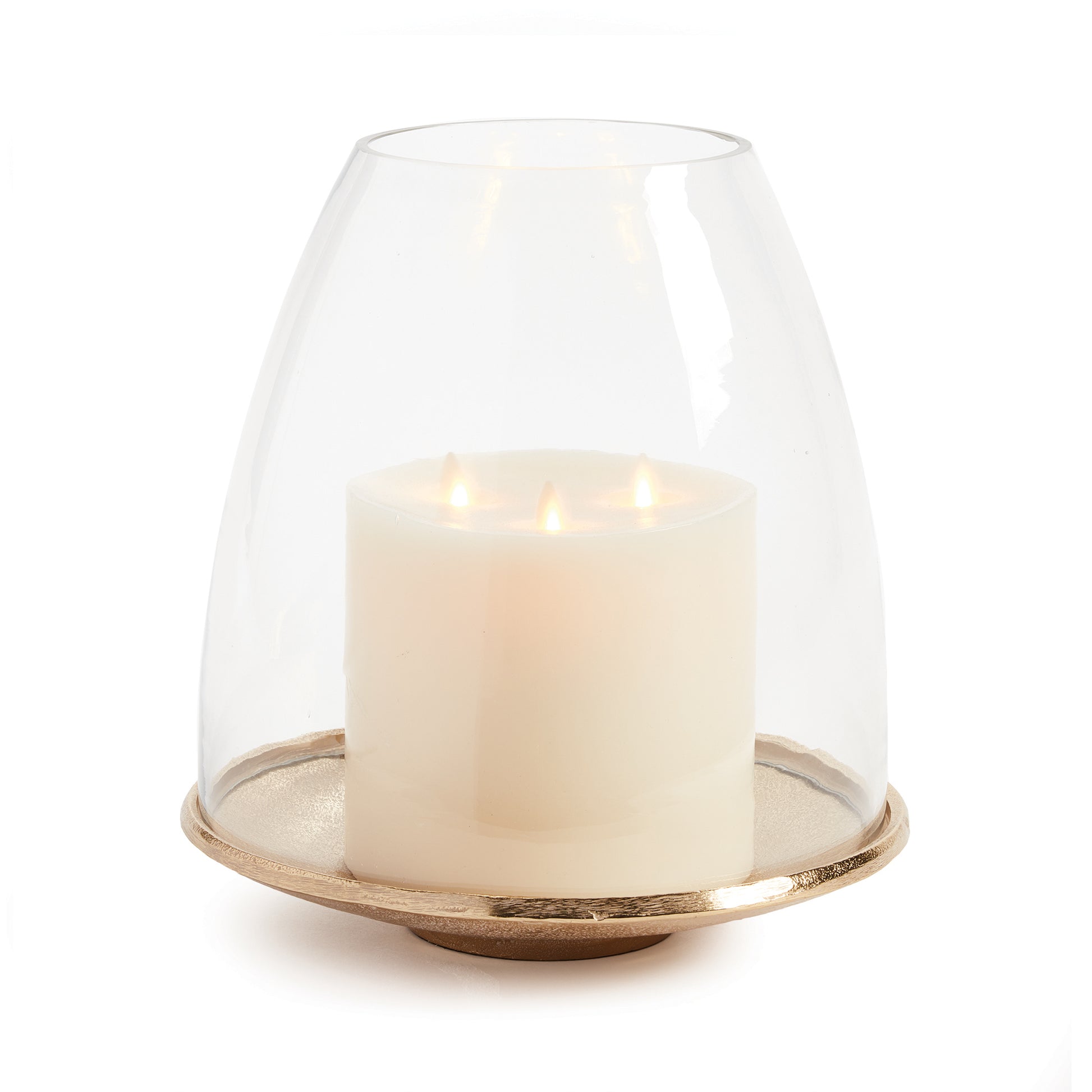 With a cast aluminum Base and tapered blown glass the Florence Hurricane is sturdy and strong. With a unique white ash wash, a commanding way to display your candle.