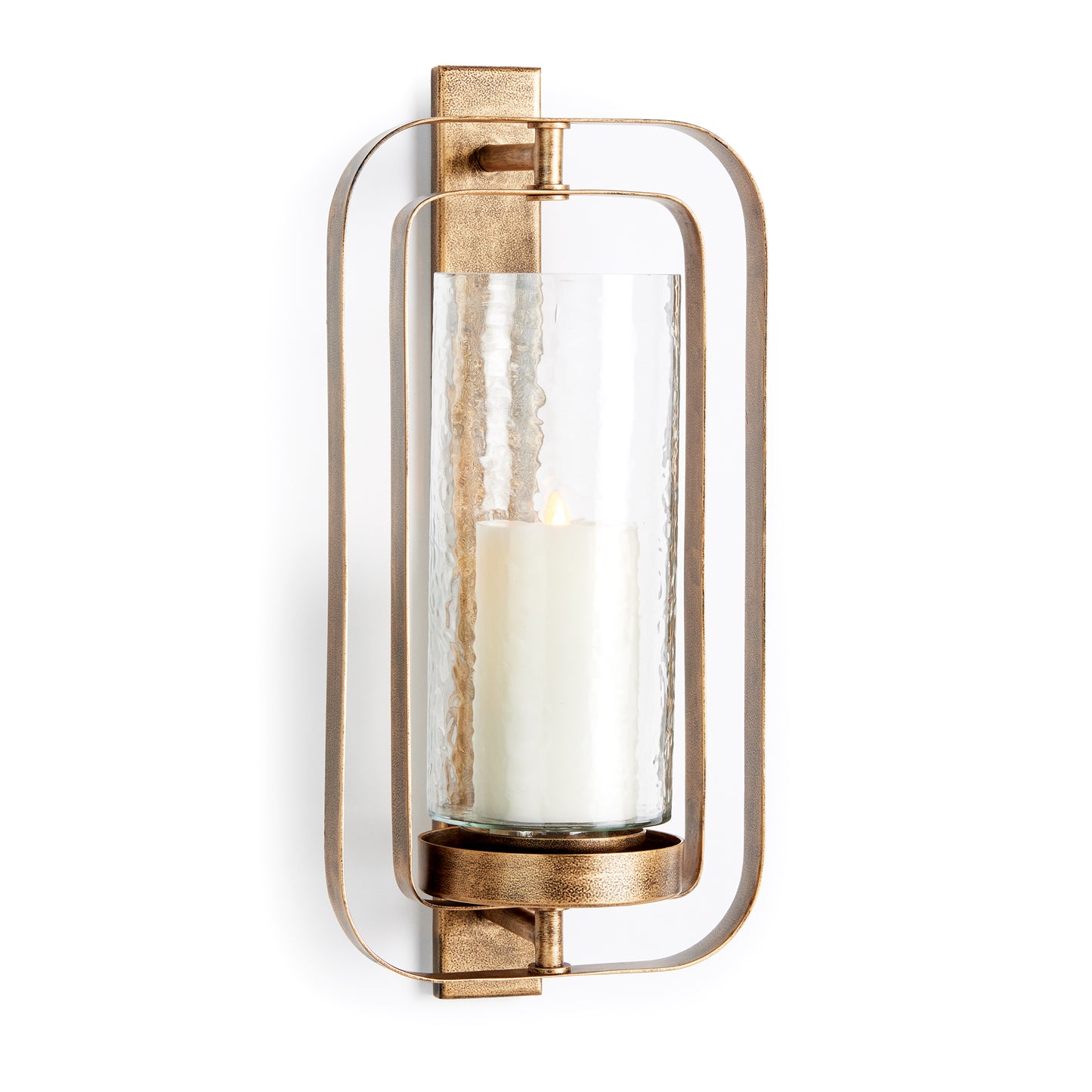 With a rotating inner metal band, this wall candle sconce is an innovative design in grand scale. The Hammered glass hurricane only adds to its appeal. Glass included is 4.5x4.5x10 in.