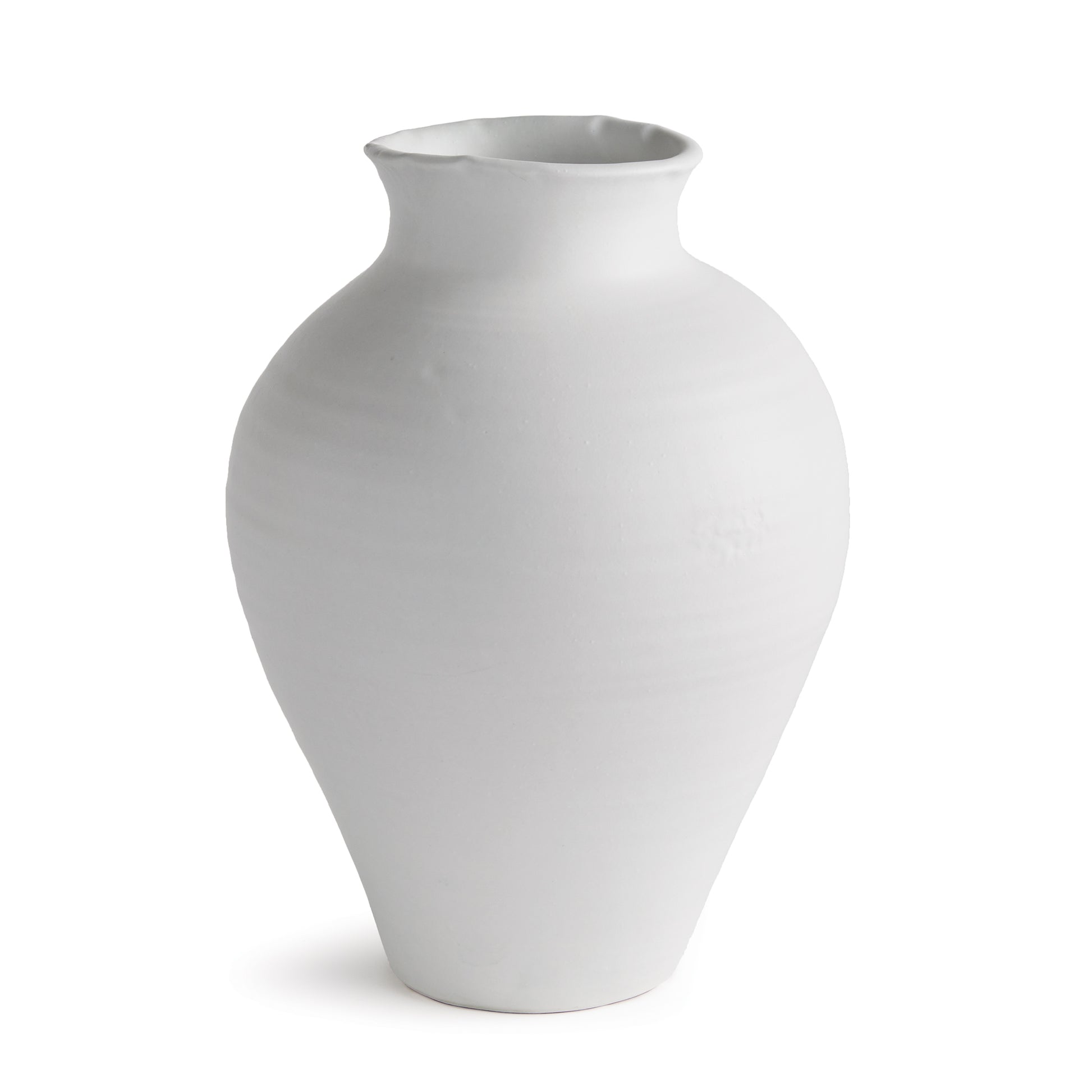 With a soft subtle ribbing showing through a thick matte white glaze, this vase is a lovely way to bring in a light, neutral accent. Add a few faux stems or display as is for a cleaner look.