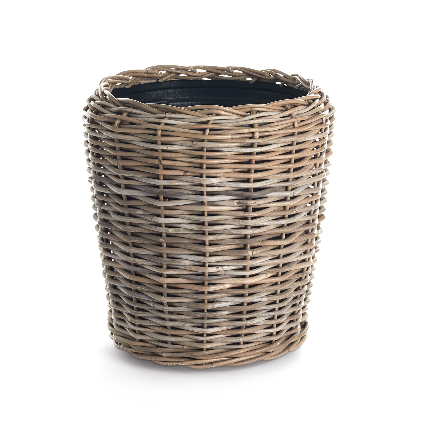 Here's a smart idea- a thick rattan planter tightly woven around grower's pots. The plastic pot helps the weave retain shape while elevating the rattan off the ground. Brilliant.