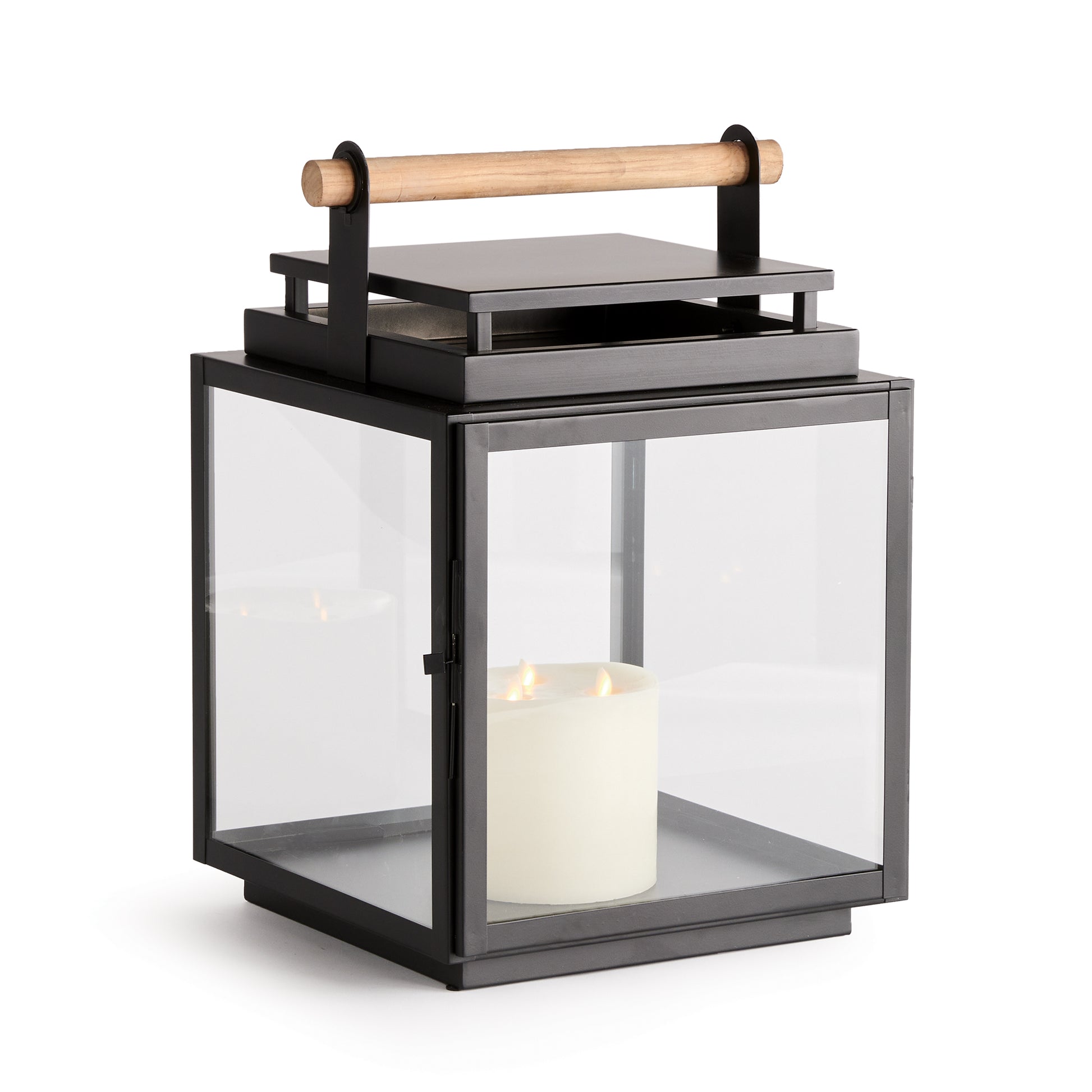 Featuring a teak handle, wide glass panes, and a tailored square profile, this outdoor lantern is the perfect addition to your patio, porch, or lanai. With meticulous craftsmanship and a timeless teak handle, the Adwin Outdoor Black Lantern Large exudes sophistication and elegance. A one-of-a-kind design adds a unique touch to any outdoor space, providing unmatched beauty and charm.