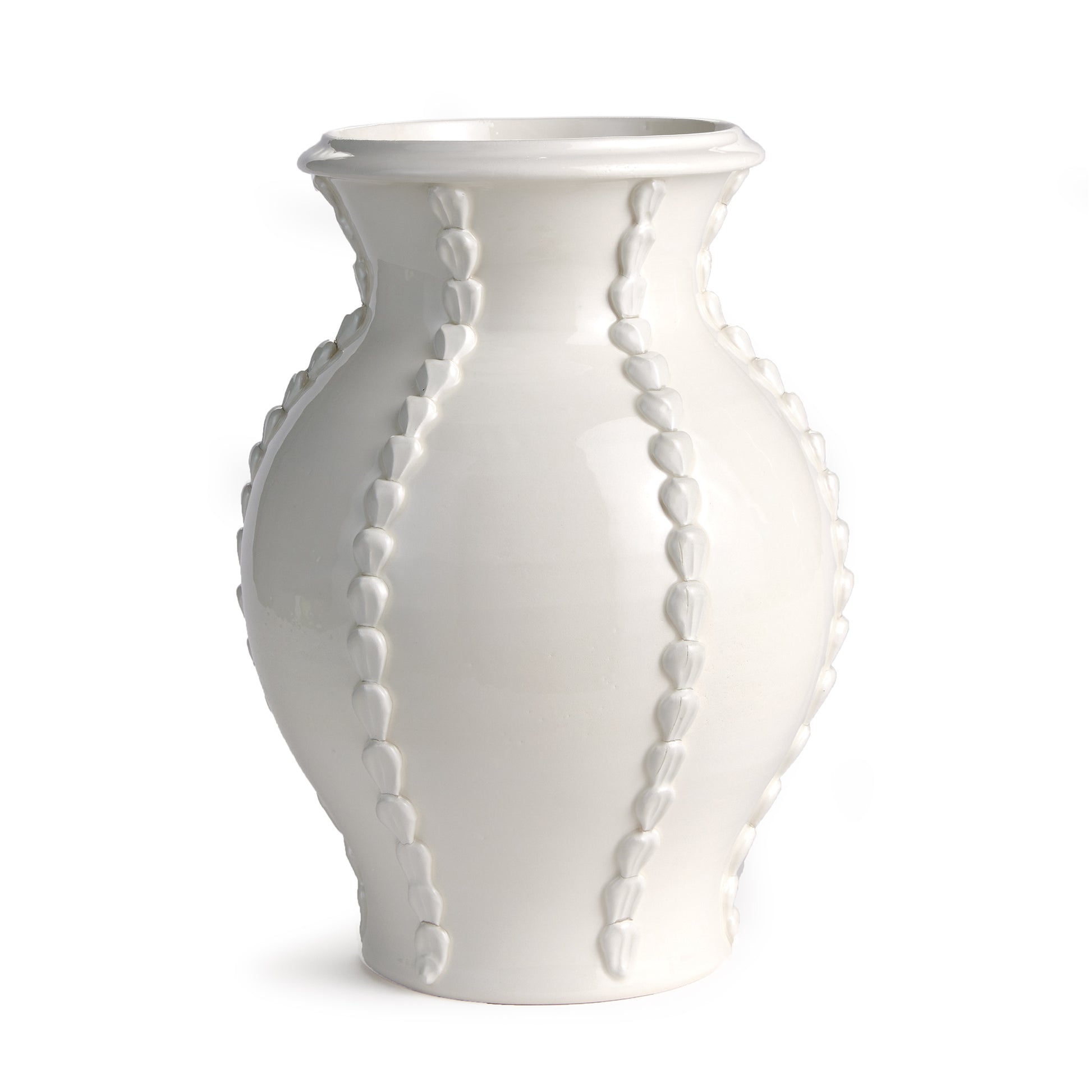 The Positano Vase is handmade by Italian artisans in Tuscany, Italy. With a classic Italian craftsmanship passed down through generations, each piece is a true original. Each shell form is hand-applied, in a linear pattern creating a traditional classic look.