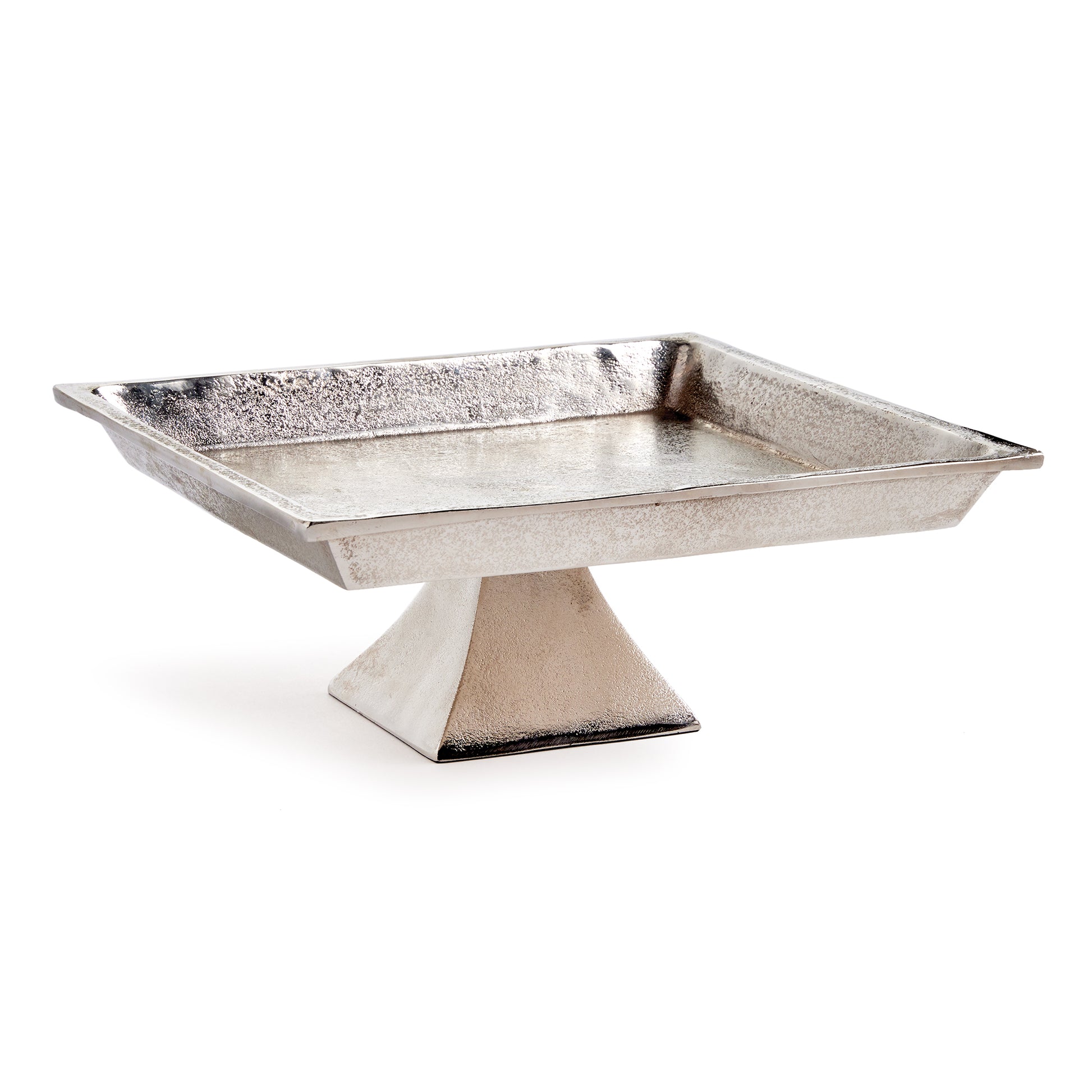 Made of cast aluminum, and finished in brushed nickel, this substantial square pedestal tray is an update on an old classic. Add in some candles, boxwood orbs or books for a polished, well-styled look.