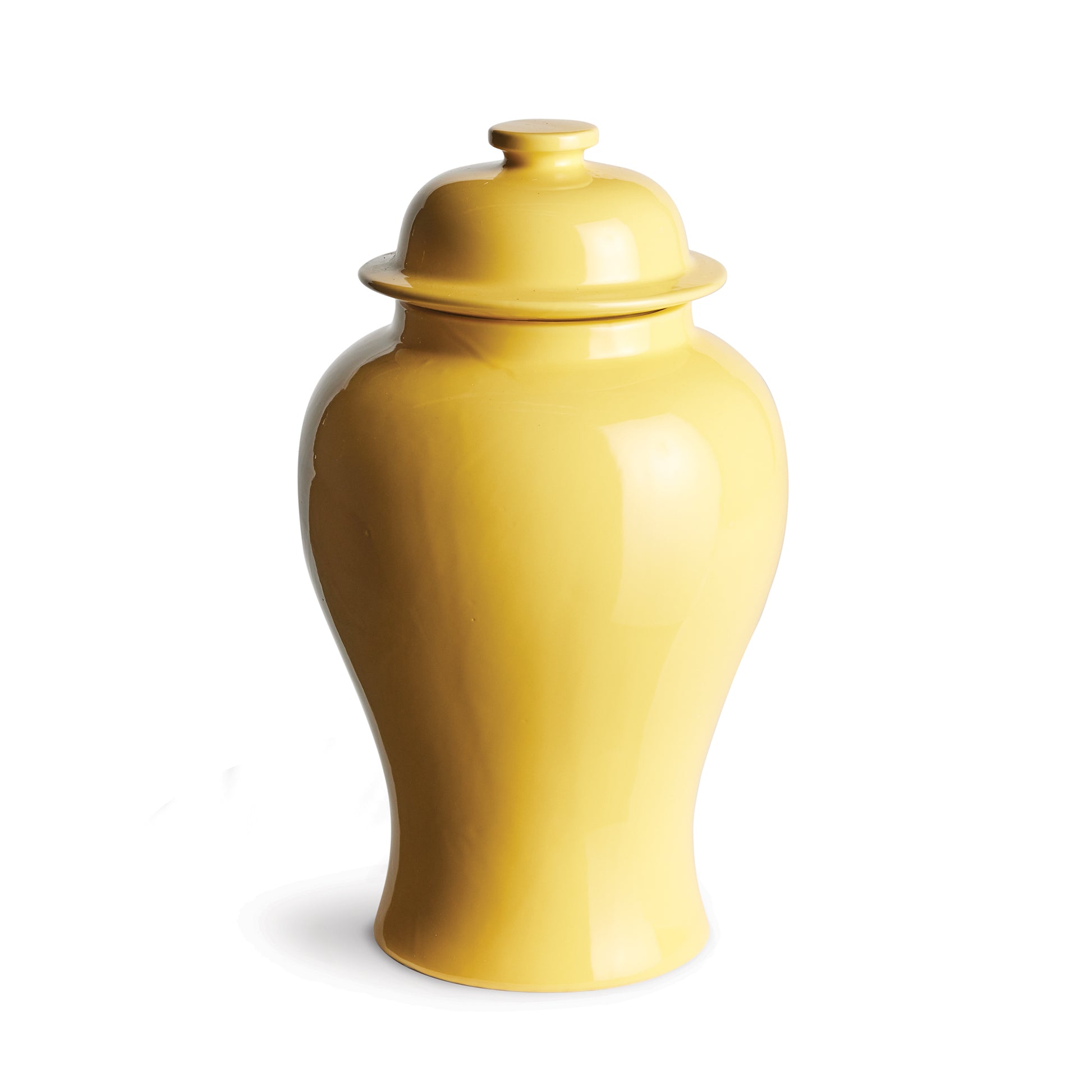 In an unexpected small size for traditional ginger jars, this is a modern take on a classic. The cheerful yellow high gloss glaze creates a more high end feel. Mix in among your patterned pieces in bookshelf or on a credenza for a dynamic look.