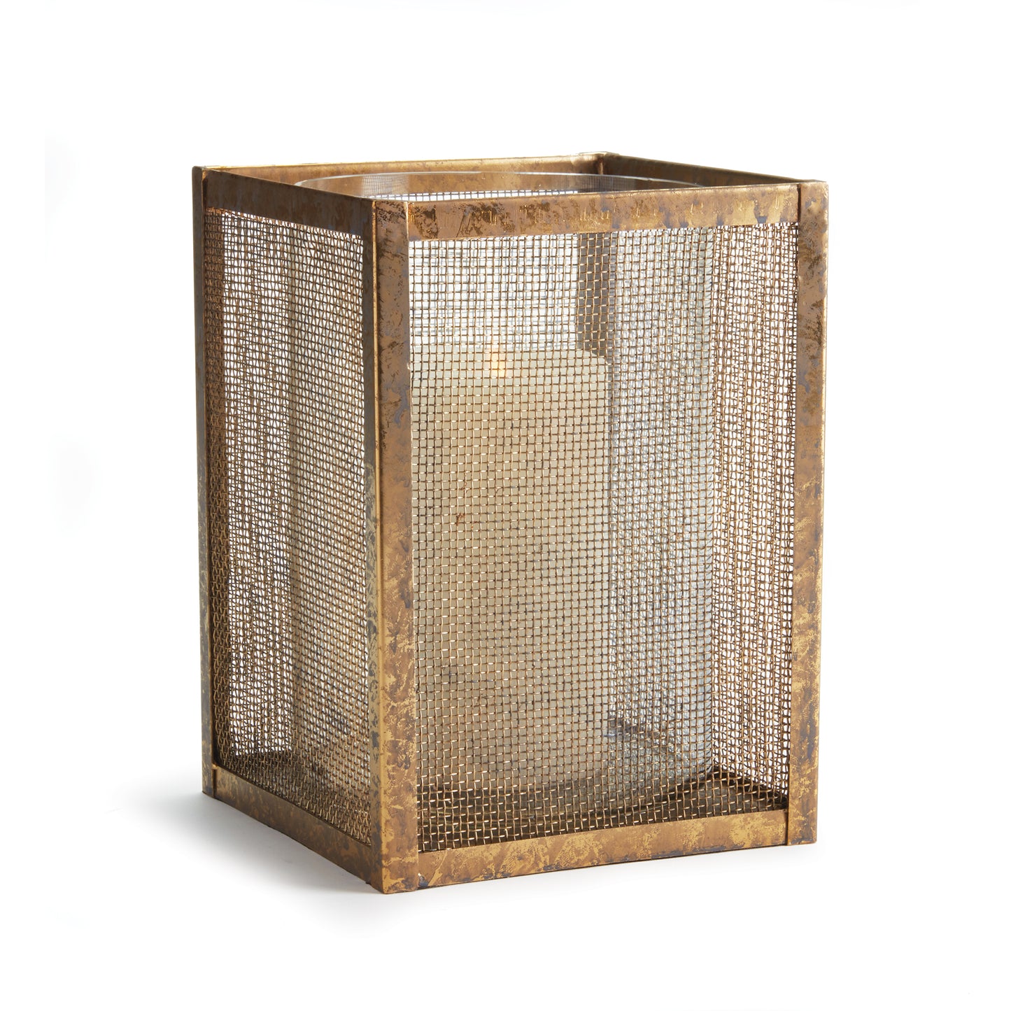 Diego is architectural in design. A light-catching mesh screen in antique gold adds a hint of drama. Complete with glass vases, not hurricanes so as to hold fresh florals as well as candles.