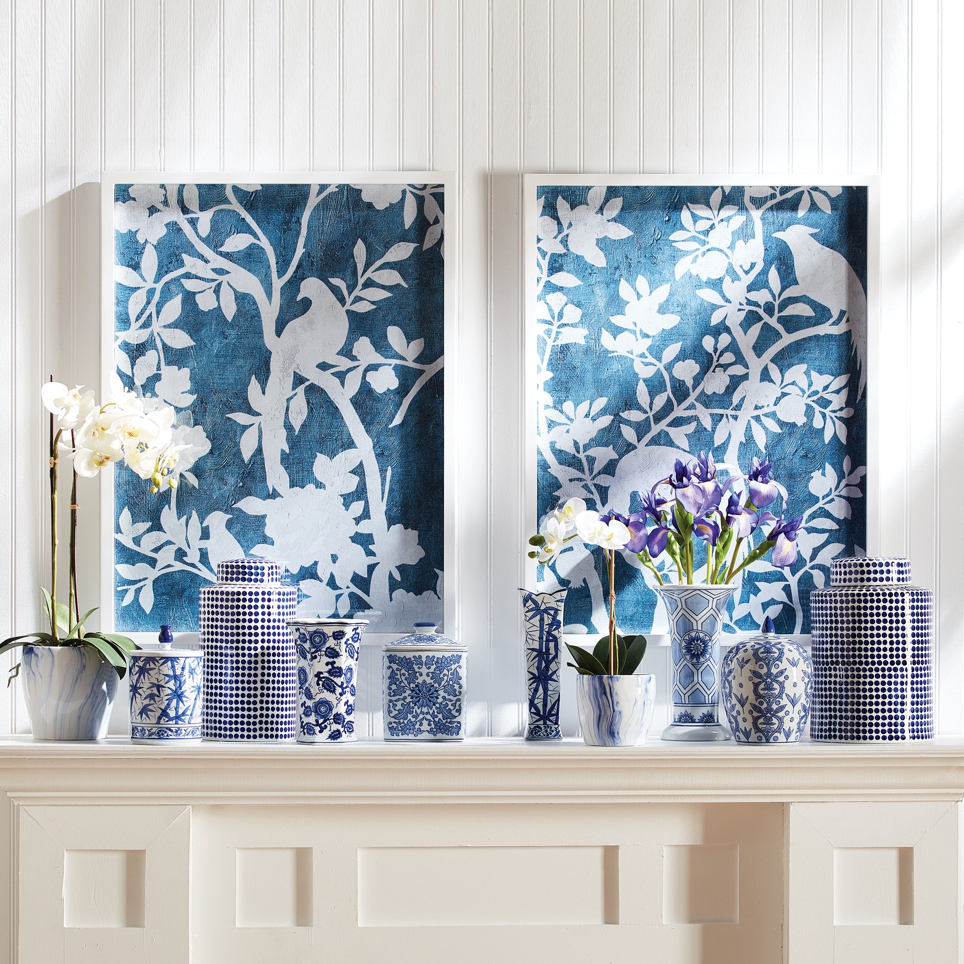 The floral-inspired prints in this set of two Floral Cyano Prints add a feminine touch to any room. With a bright white simple profile frame, the over scaled pair brings a light and airy feel to any space. Designed with a textile-inspired composition, these prints provide a beautiful and sophisticated touch.