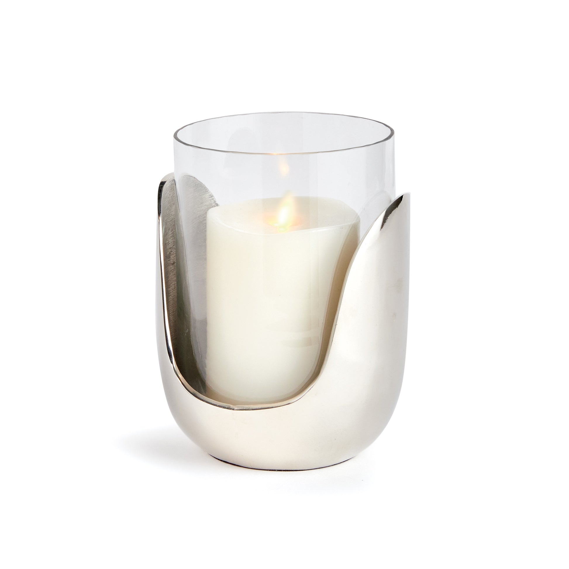 In a marriage of thoughtful design and mixed materials, this stunning hurricane features hand blown glass that slides into a cast aluminum abstract Base in a sleek silver. A truly unique contemporary accent for side table, console or mantel.