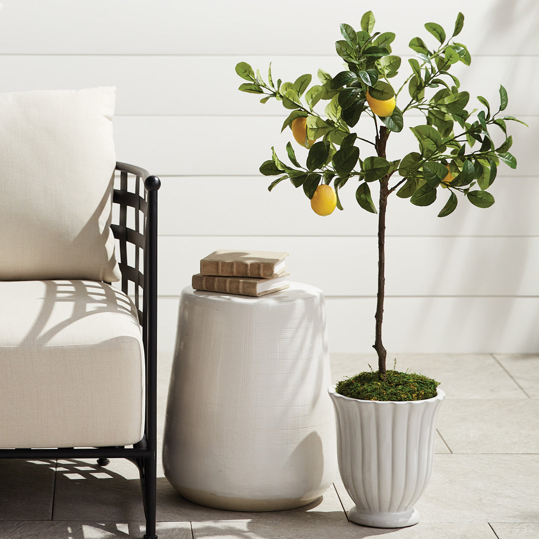Faux lemon tree styled in a planter beside neutral decor in a bright interior with layered natural textures – Modern Organic style.