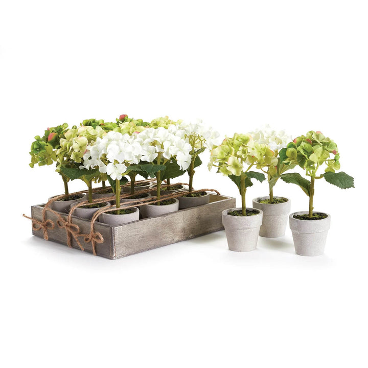 Faux mini hydrangea plants in rustic wood tray – set of 12, styled overhead