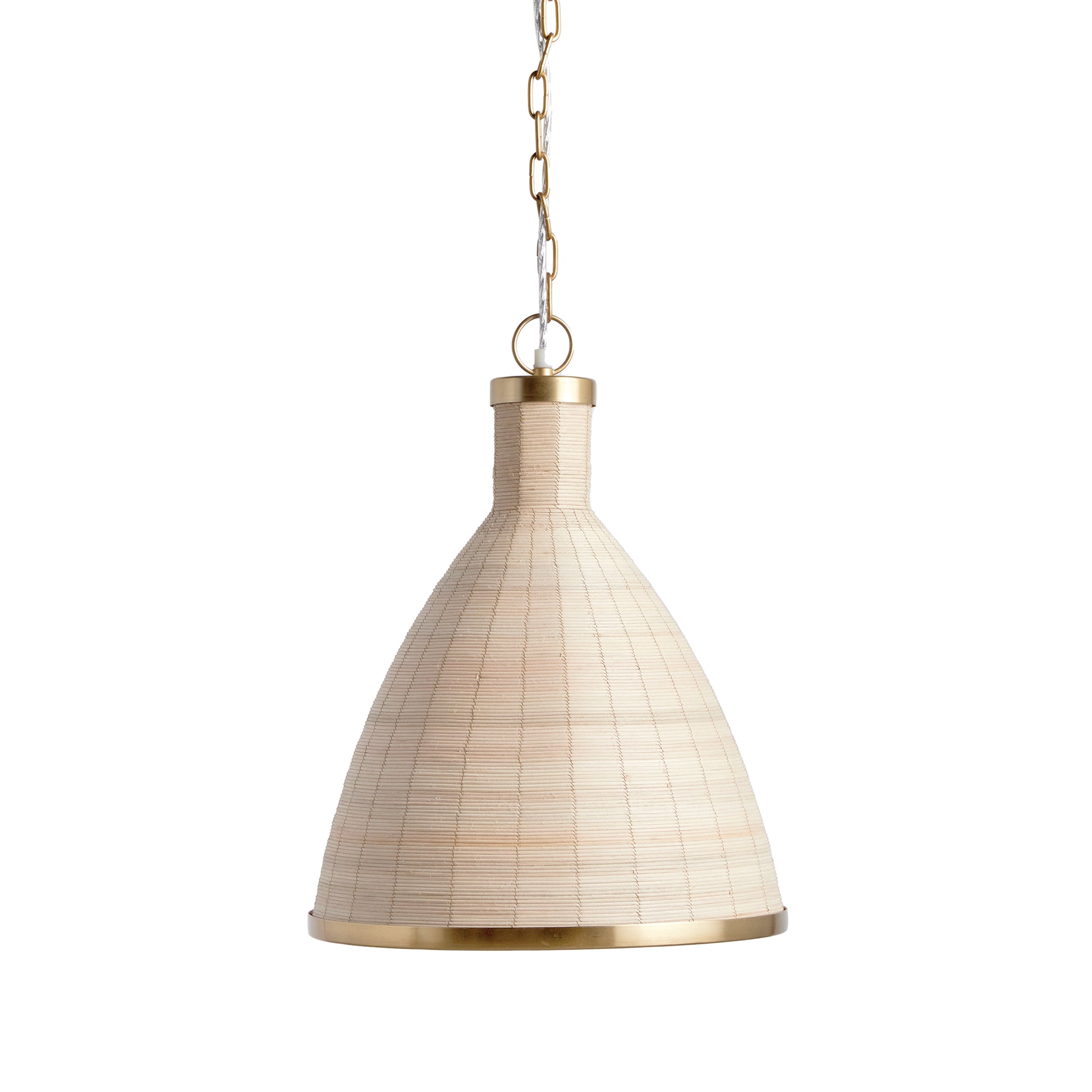 Experience the timeless style of the Maye Petite Bell Pendant Light in white, featuring a natural cane rattan weave with unique variations in color. The brass details on the top and bottom rim add a refined touch to this classic piece. Whether hung in a kitchen, entryway, or hallway, this pendant light will elevate any space with its sophisticated charm.