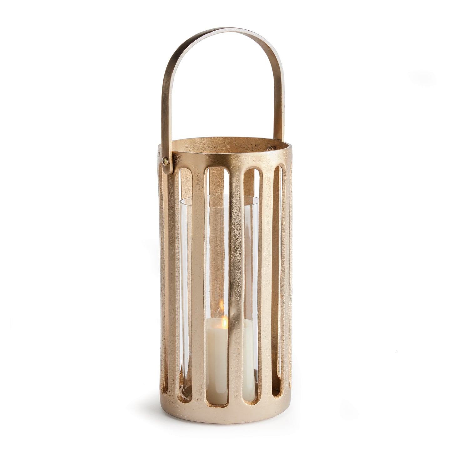 This cast aluminum hurricane in a champagne gold finish has a great presence. Strong and sturdy, it makes a solid accent. The clear, smooth glass insert reflects the candlelight and gently brightens up any space.