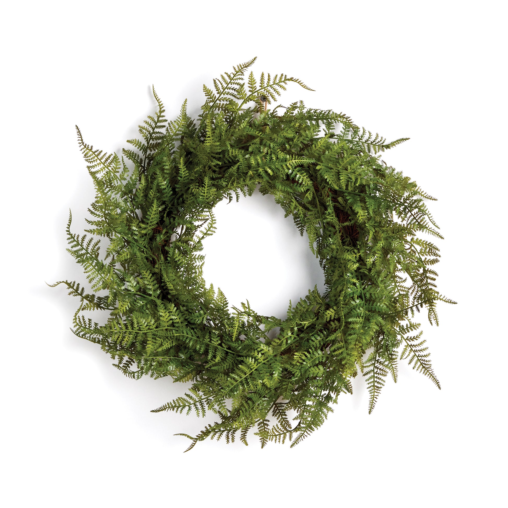 This fern wreath is full and lush. Soft faux fern stems assembled and generously applied, and comes with a twine loop for hanging. Simply beautiful on its own, or a great Base to add additional floral stems or eucalyptus leaves, for more variety.