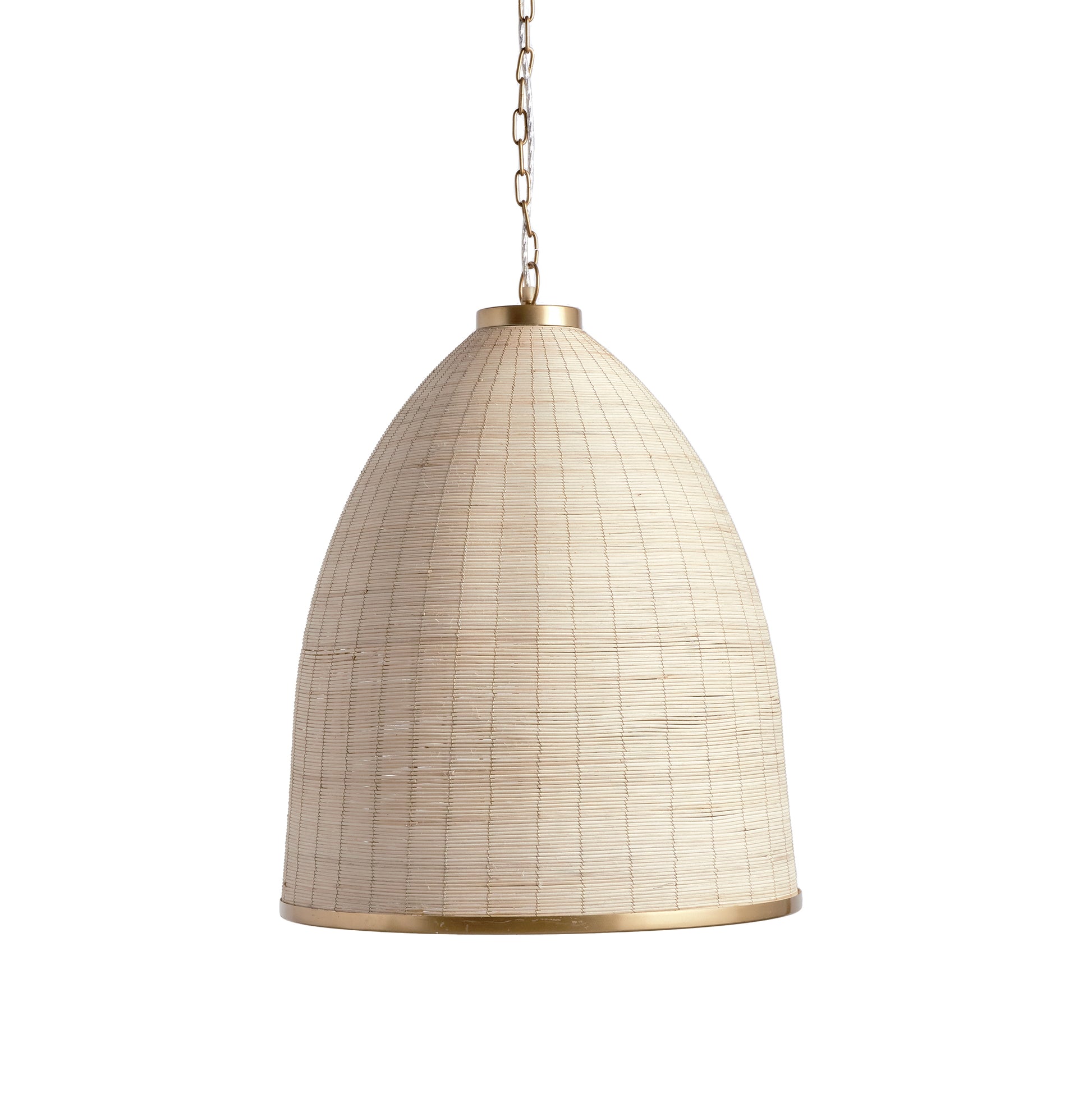 Woven in a natural cane rattan, with subtle variations in color making each one truly unique, this pendant is an instant classic. The brass details on the top and along the bottom rim make it decidedly more refined. And talk about scale! A show-stopping choice for kitchen island, entry foyer or hallway.