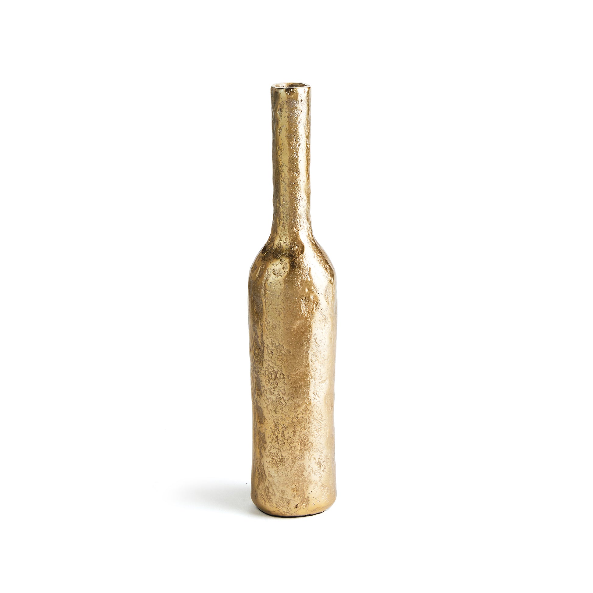 A tall and slender bottle form and rich texture make this aluminum vase an unconventional accent. Drop in a faux stem, or display as is for a fresh, modern look. A perfect choice for bookshelf, console or kitchen counter.