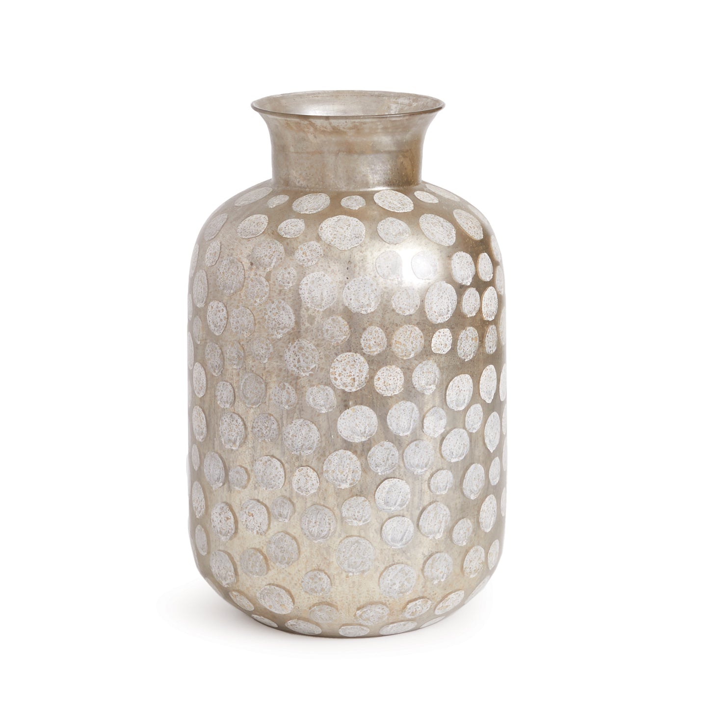 With an antiqued mirror finish, this dotted vase is beautiful in all its complexity. Generously scaled, it would work well in an entry way or an open concept living space.