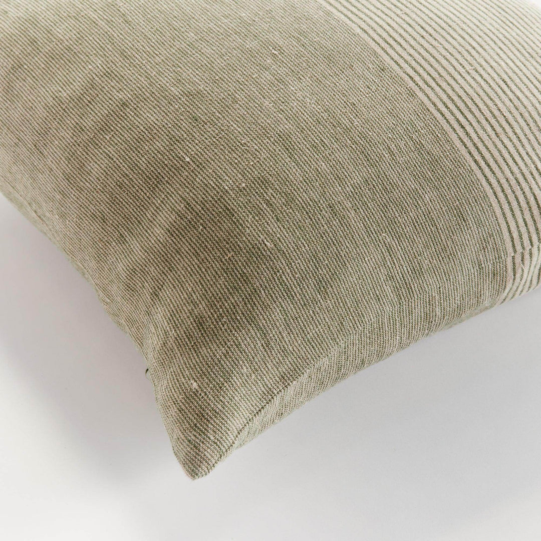 Edge view of 24-inch flax linen pinstripe pillow in green and tan, showing woven seam and fabric texture – Modern Farmhouse.