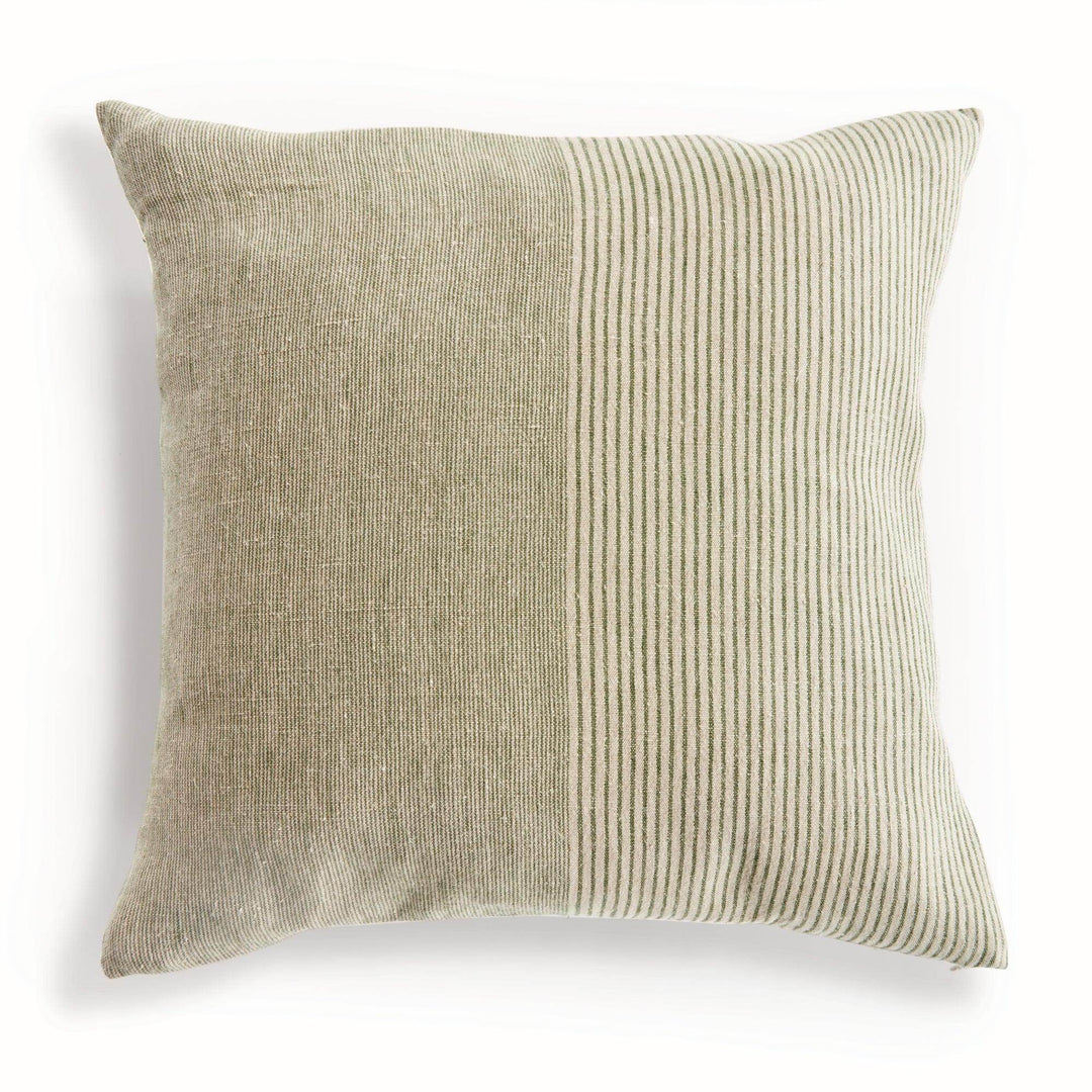 Front view of 24-inch flax linen pinstripe pillow in green and tan, oversized square with woven texture – Modern Farmhouse.