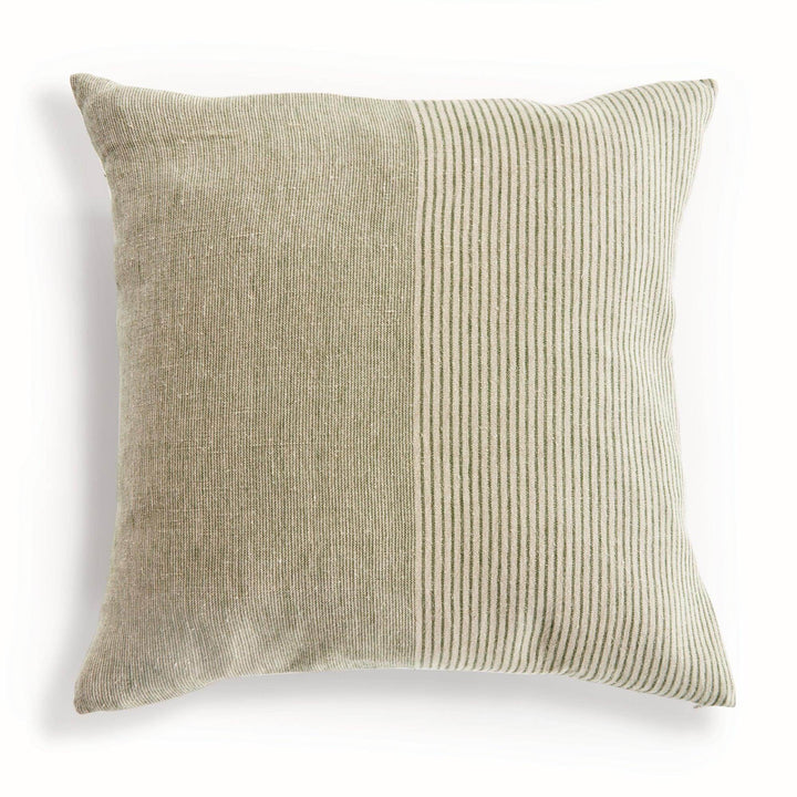 Front view of 24-inch flax linen pinstripe pillow in green and tan, oversized square with woven texture – Modern Farmhouse.