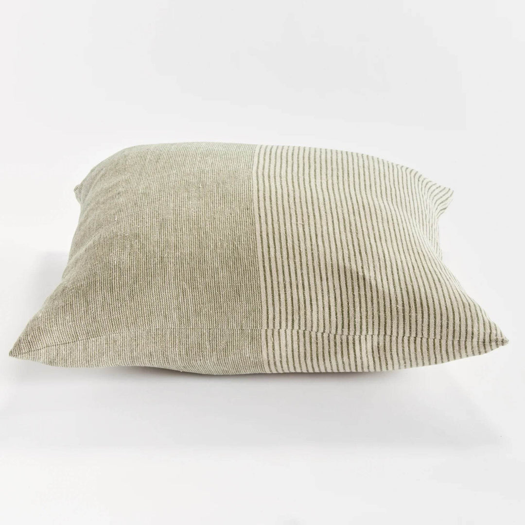 Side profile of 24-inch flax linen pinstripe pillow in green and tan, showing woven texture and removable cover – Modern Farmhouse.