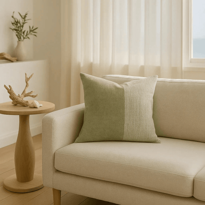 Lifestyle: 24-inch flax linen pinstripe pillow in green and tan styled on sofa with neutral decor – Modern Farmhouse.