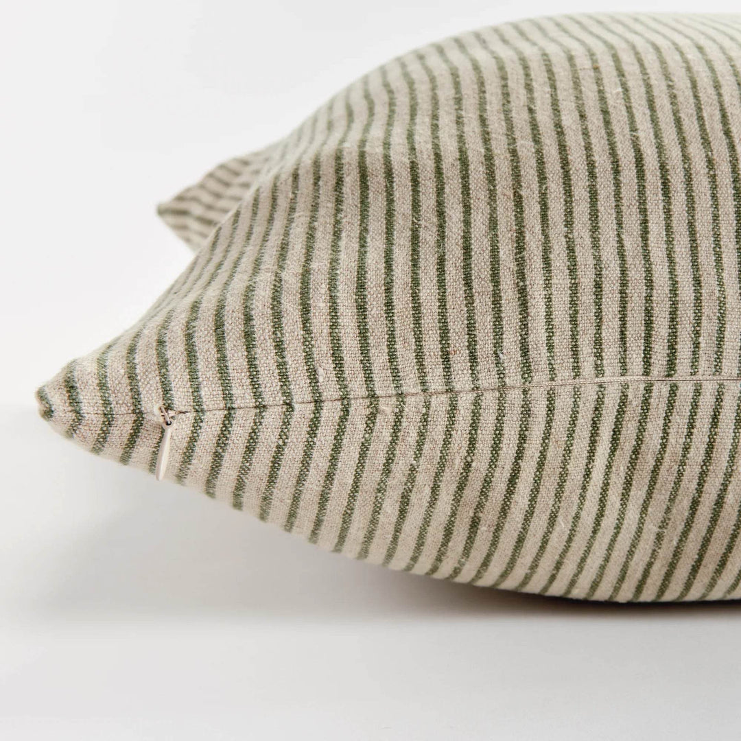 Closeup of 24-inch flax linen pinstripe pillow in green and tan, highlighting yarn-dyed weave – Modern Farmhouse.