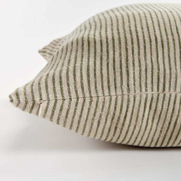 Closeup of 24-inch flax linen pinstripe pillow in green and tan, highlighting yarn-dyed weave – Modern Farmhouse.