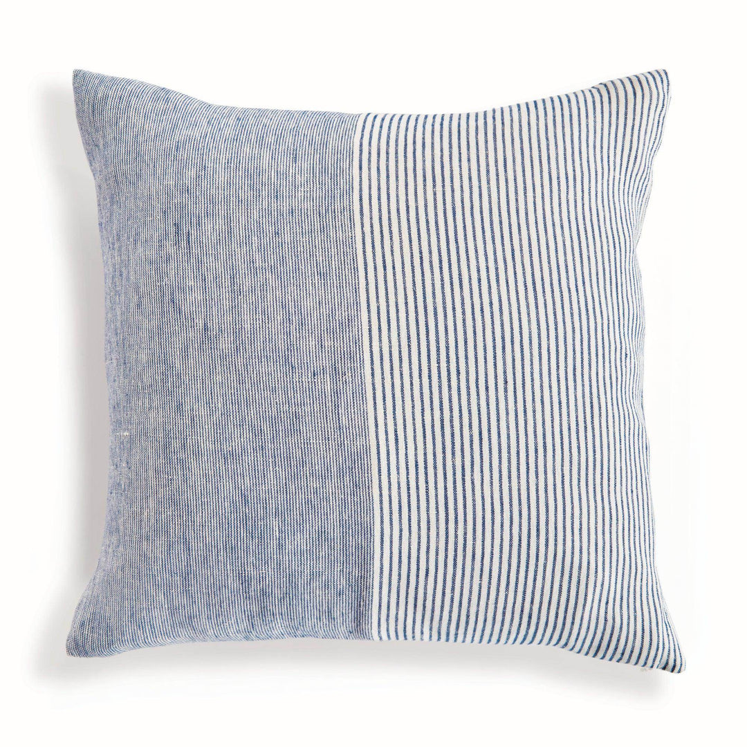 Front view of 24-inch flax linen pinstripe pillow in navy and ivory, oversized square with woven linen texture – Nautical.